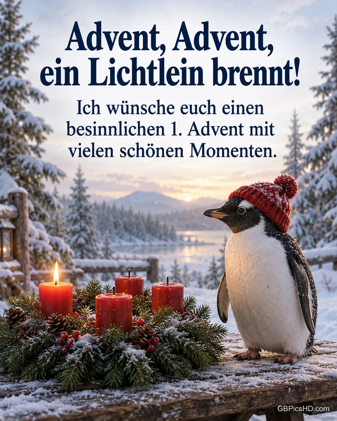 Ein Pinguin mit roter Strickmütze steht im Schnee neben einem Adventskranz, an dem die erste Kerze brennt, dazu "Advent, Advent, ein Lichtlein brennt!".