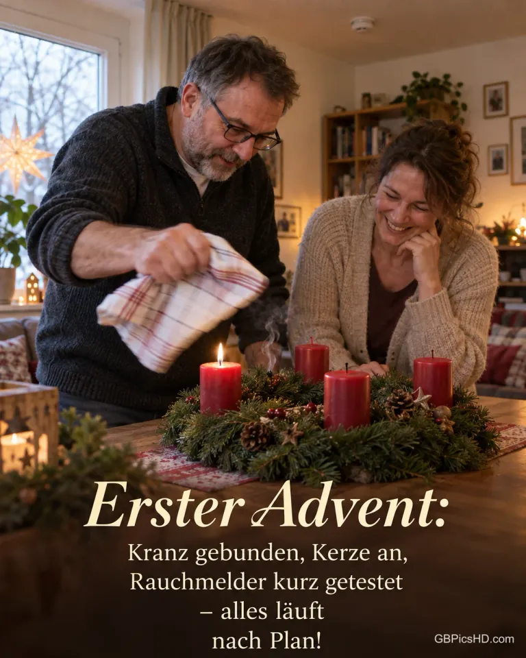 Ein Mann wedelt mit einem Geschirrtuch eine kleine Rauchwolke über dem Adventskranz weg, seine Frau lacht, die erste Kerze brennt, dazu „Erster Advent“.