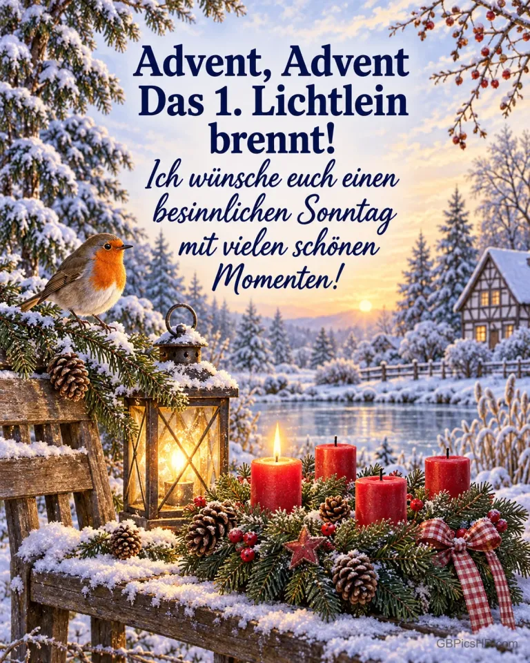 Ein Rotkehlchen auf einem verschneiten Tannenzweig neben einer Laterne, auf der Gartenbank brennt die erste Kerze am Adventskranz, dahinter ein zugefrorener Teich, dazu „Advent, Advent Das 1. Lichtlein brennt! Ich wünsche euch einen besinnlichen Sonntag mit vielen schönen Momenten!“.