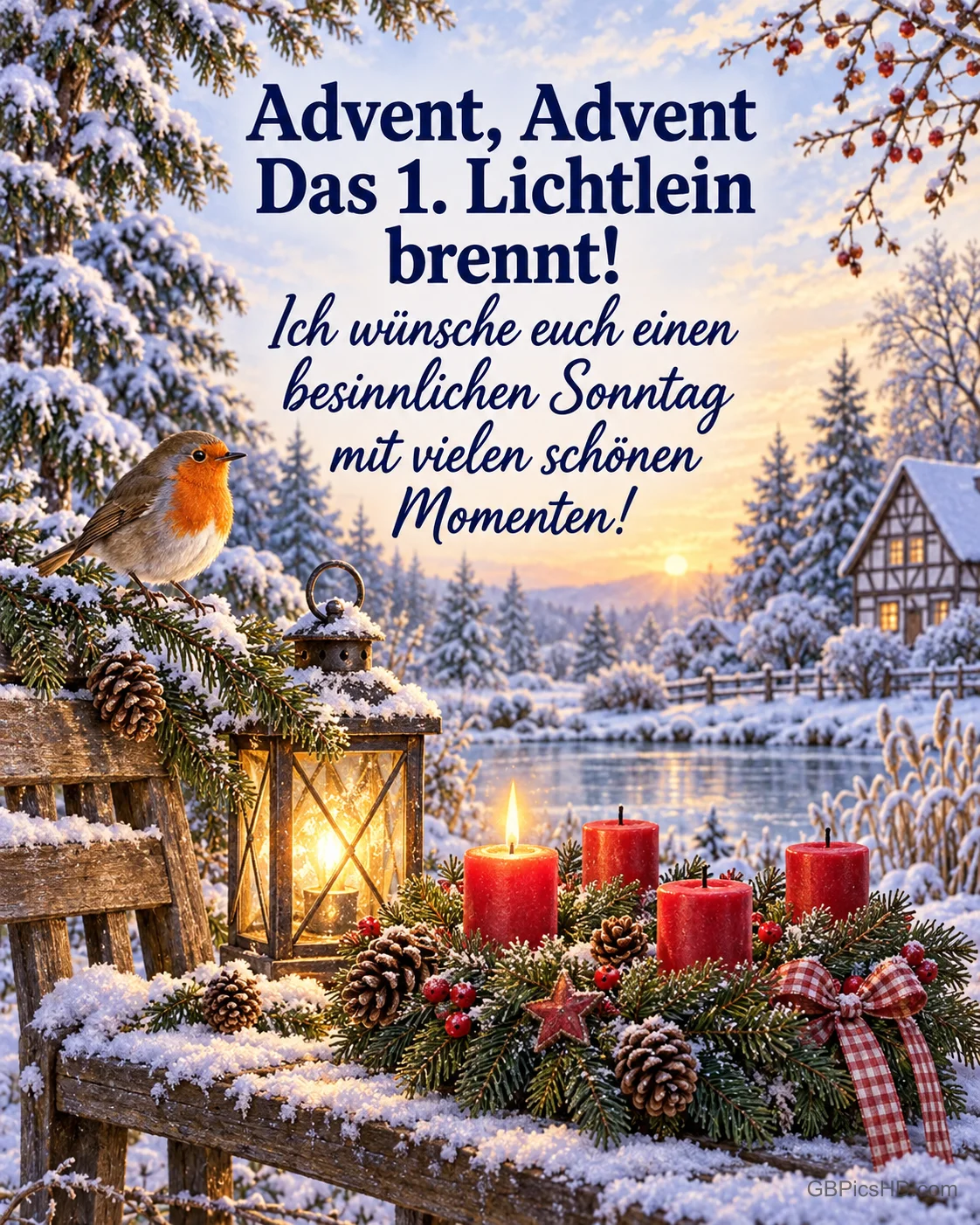 Ein Rotkehlchen auf einem verschneiten Tannenzweig neben einer Laterne, auf der Gartenbank brennt die erste Kerze am Adventskranz, dahinter ein zugefrorener Teich, dazu „Advent, Advent Das 1. Lichtlein brennt! Ich wünsche euch einen besinnlichen Sonntag mit vielen schönen Momenten!“. Ein Rotkehlchen auf einem verschneiten Tannenzweig neben einer Laterne, auf der Gartenbank brennt die erste Kerze am Adventskranz, dahinter ein zugefrorener Teich, dazu „Advent, Advent Das 1. Lichtlein brennt! Ich wünsche euch einen besinnlichen Sonntag mit vielen schönen Momenten!“.