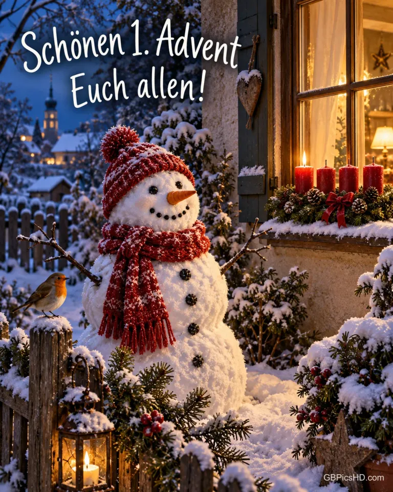 Ein Schneemann mit Mütze und Schal im verschneiten Garten vor einem erleuchteten Fenster, auf der Fensterbank brennt die erste Kerze am Adventskranz, dazu „Schönen 1. Advent Euch allen!“.