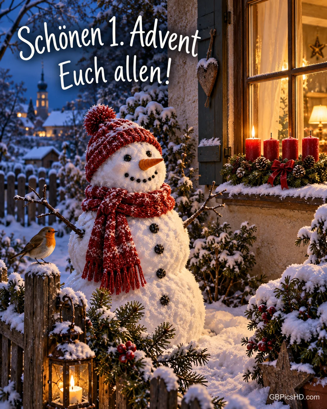 Ein Schneemann mit Mütze und Schal im verschneiten Garten vor einem erleuchteten Fenster, auf der Fensterbank brennt die erste Kerze am Adventskranz, dazu „Schönen 1. Advent Euch allen!“.