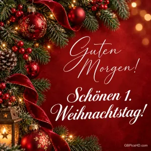 Tiefroter Hintergrund mit Tannengirlande, roten Kugeln, Samtschleife und Laterne, dazu ein geschwungener Guten-Morgen-Gruß zum ersten Weihnachtstag