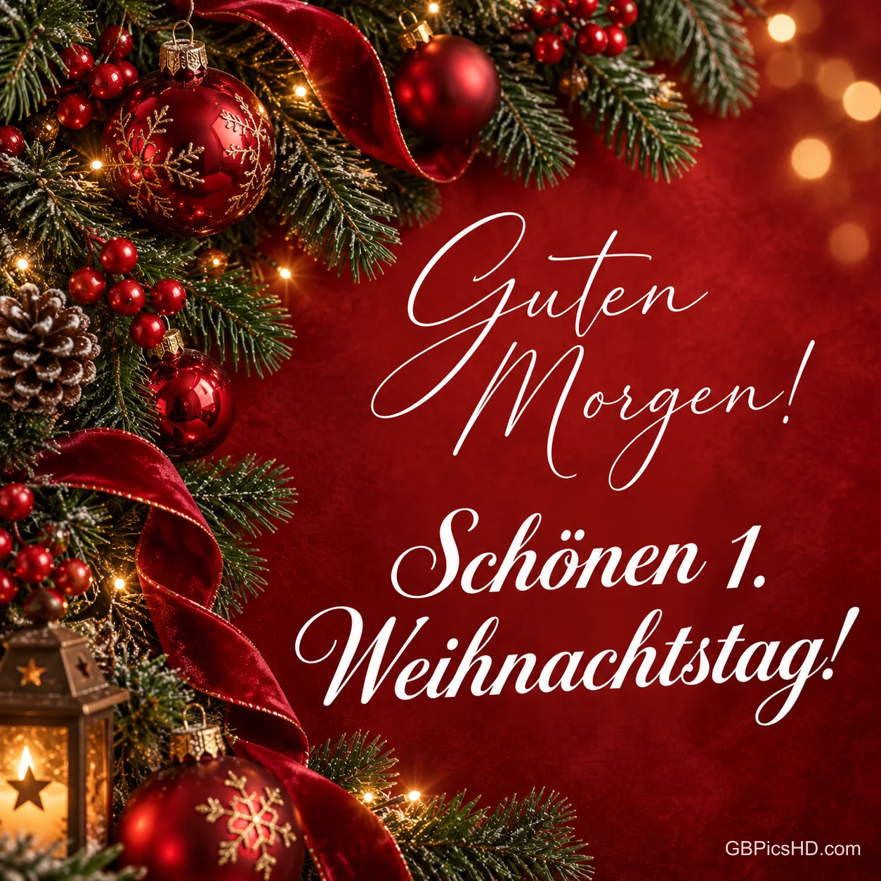 Tiefroter Hintergrund mit Tannengirlande, roten Kugeln, Samtschleife und Laterne, dazu ein geschwungener Guten-Morgen-Gruß zum ersten Weihnachtstag Tiefroter Hintergrund mit Tannengirlande, roten Kugeln, Samtschleife und Laterne, dazu ein geschwungener Guten-Morgen-Gruß zum ersten Weihnachtstag