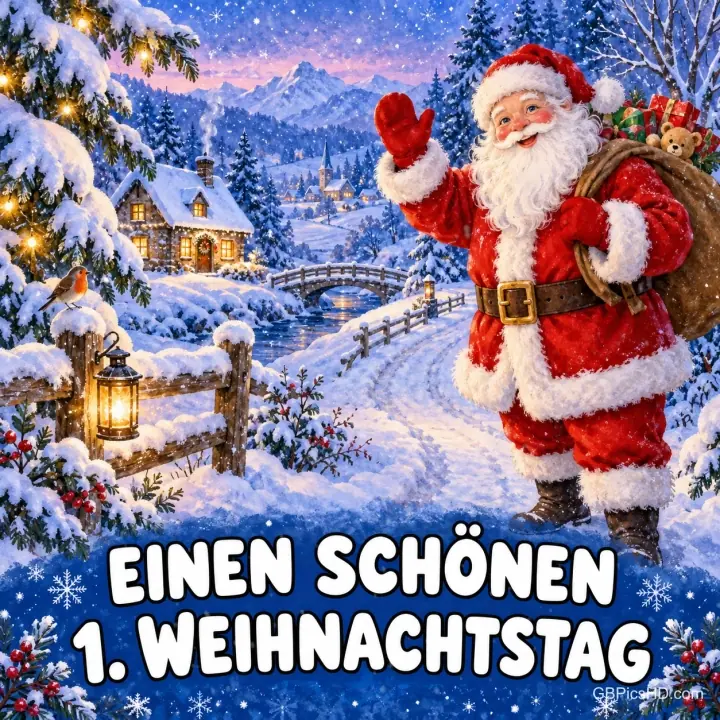 Fröhlicher Weihnachtsmann mit Geschenksack winkt auf einem verschneiten Weg vor Dorf, Brücke und Laterne, unten ein Gruß zum ersten Weihnachtstag Fröhlicher Weihnachtsmann mit Geschenksack winkt auf einem verschneiten Weg vor Dorf, Brücke und Laterne, unten ein Gruß zum ersten Weihnachtstag