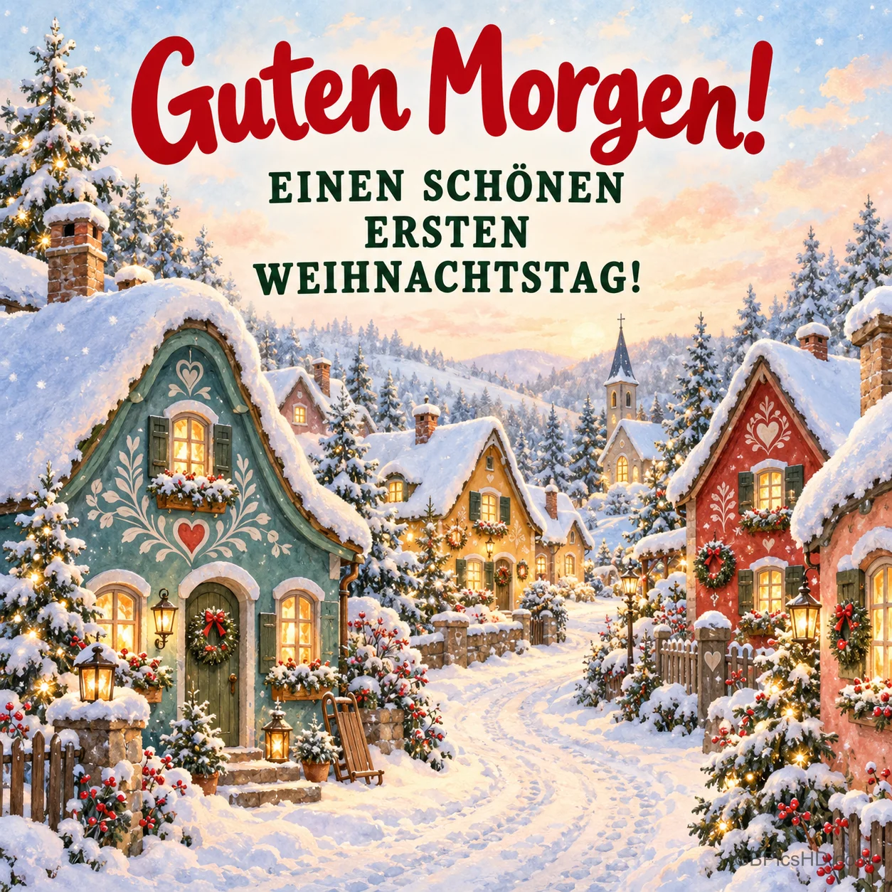 Verschneites Dorf mit bunten Häusern, Kränzen und Kirche, oben ein roter Guten-Morgen-Schriftzug mit Wünschen zum ersten Weihnachtstag Verschneites Dorf mit bunten Häusern, Kränzen und Kirche, oben ein roter Guten-Morgen-Schriftzug mit Wünschen zum ersten Weihnachtstag