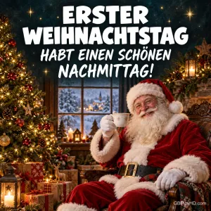 Weihnachtsmann sitzt gemütlich mit Tasse im Sessel neben Weihnachtsbaum und Fenster, darüber ein Gruß für einen schönen Nachmittag am ersten Weihnachtstag