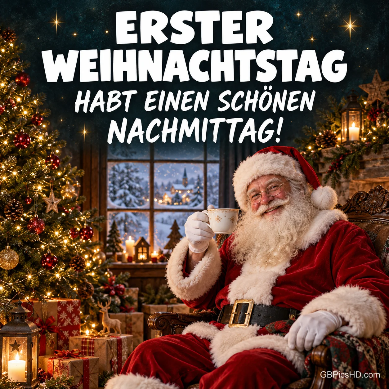 Weihnachtsmann sitzt gemütlich mit Tasse im Sessel neben Weihnachtsbaum und Fenster, darüber ein Gruß für einen schönen Nachmittag am ersten Weihnachtstag Weihnachtsmann sitzt gemütlich mit Tasse im Sessel neben Weihnachtsbaum und Fenster, darüber ein Gruß für einen schönen Nachmittag am ersten Weihnachtstag