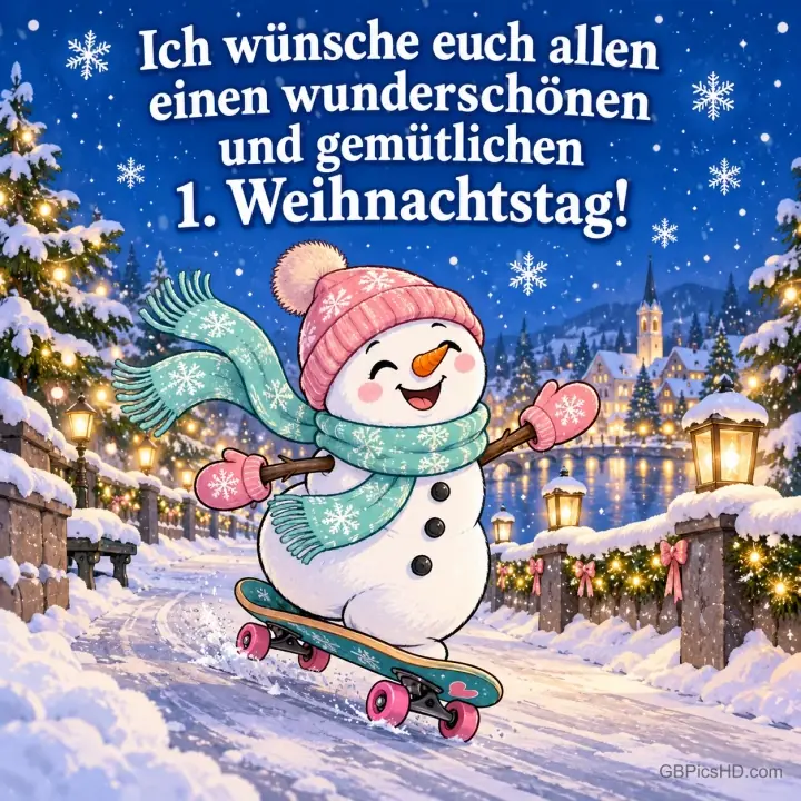 Fröhlicher Schneemann mit rosa Mütze und Schal fährt Skateboard durch ein verschneites, beleuchtetes Dorf, darüber Wünsche zum ersten Weihnachtstag Fröhlicher Schneemann mit rosa Mütze und Schal fährt Skateboard durch ein verschneites, beleuchtetes Dorf, darüber Wünsche zum ersten Weihnachtstag