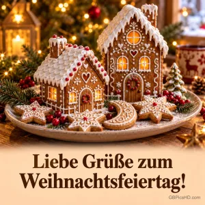Zwei verzierte Lebkuchenhäuser mit Zuckerguss und Sternplätzchen auf einem Teller vor Lichterglanz, darunter liebe Grüße zum Weihnachtsfeiertag