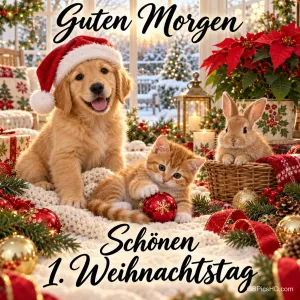 Golden-Retriever-Welpe mit Weihnachtsmütze, Kätzchen und Häschen im festlichen Zimmer mit Weihnachtssternen, dazu ein Morgengruß zum ersten Weihnachtstag
