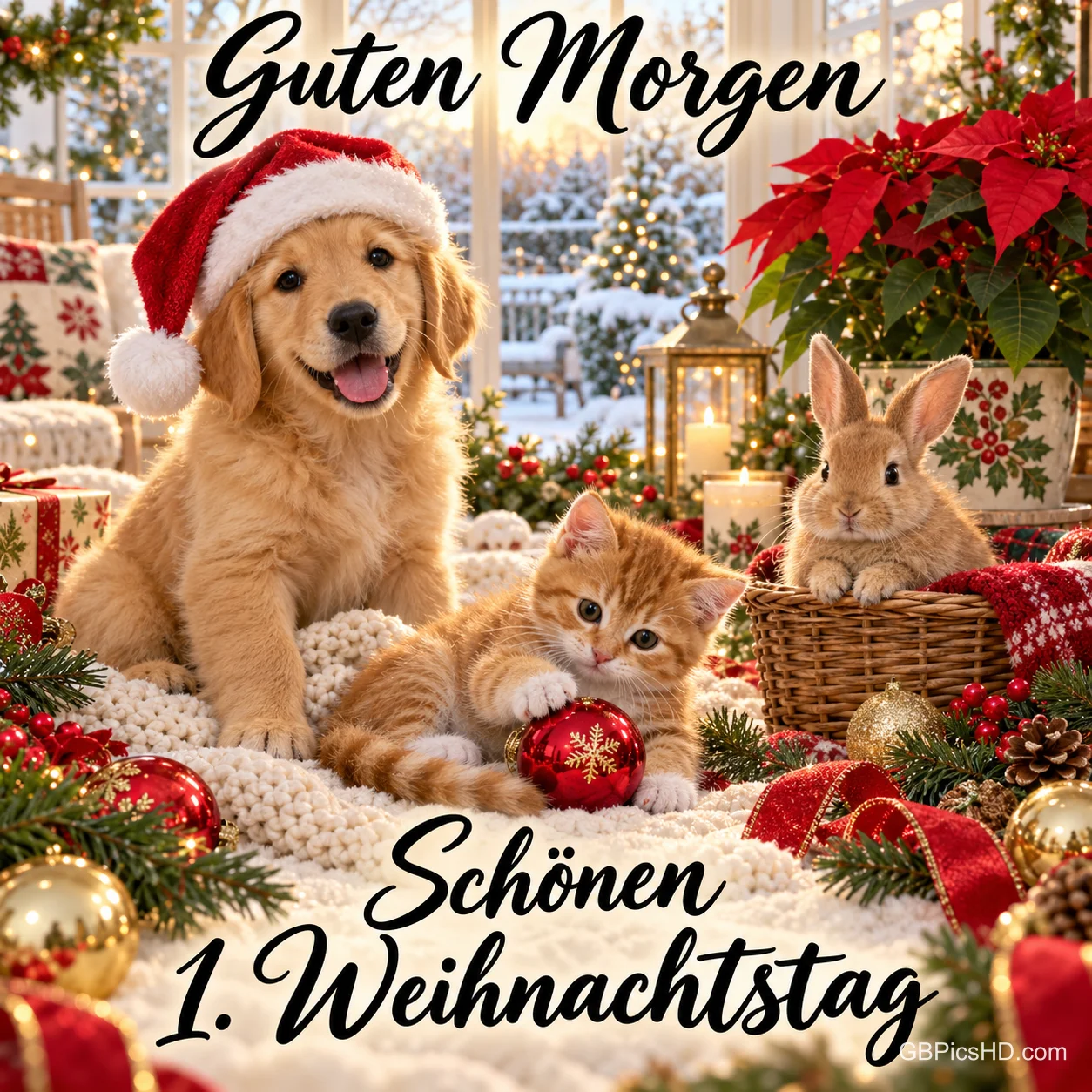 Golden-Retriever-Welpe mit Weihnachtsmütze, Kätzchen und Häschen im festlichen Zimmer mit Weihnachtssternen, dazu ein Morgengruß zum ersten Weihnachtstag Golden-Retriever-Welpe mit Weihnachtsmütze, Kätzchen und Häschen im festlichen Zimmer mit Weihnachtssternen, dazu ein Morgengruß zum ersten Weihnachtstag