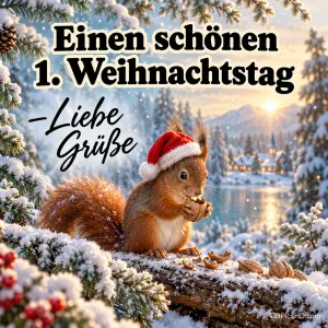 Eichhörnchen mit Weihnachtsmütze sitzt auf einem verschneiten Ast und knabbert an einer Nuss, dahinter Winterdorf am See, Text "Einen schönen 1. Weihnachtstag – Liebe Grüße"