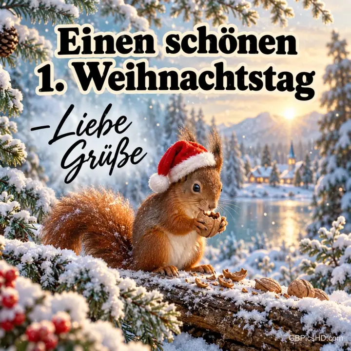 Eichhörnchen mit Weihnachtsmütze sitzt auf einem verschneiten Ast und knabbert an einer Nuss, dahinter Winterdorf am See, Text "Einen schönen 1. Weihnachtstag – Liebe Grüße" Eichhörnchen mit Weihnachtsmütze sitzt auf einem verschneiten Ast und knabbert an einer Nuss, dahinter Winterdorf am See, Text "Einen schönen 1. Weihnachtstag – Liebe Grüße"
