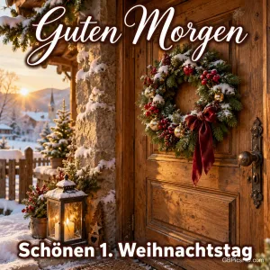 Holztür mit Weihnachtskranz und roter Schleife, Laterne im Schnee und verschneites Dorf im Morgenlicht, dazu die Worte "Guten Morgen" und "Schönen 1. Weihnachtstag"