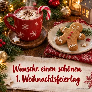 Rote Tasse heiße Schokolade mit Sahne und Zuckerstange, daneben ein Lebkuchenmann auf einem Teller und Tannenzweige, Schriftzug "Wünsche einen schönen 1. Weihnachtsfeiertag"