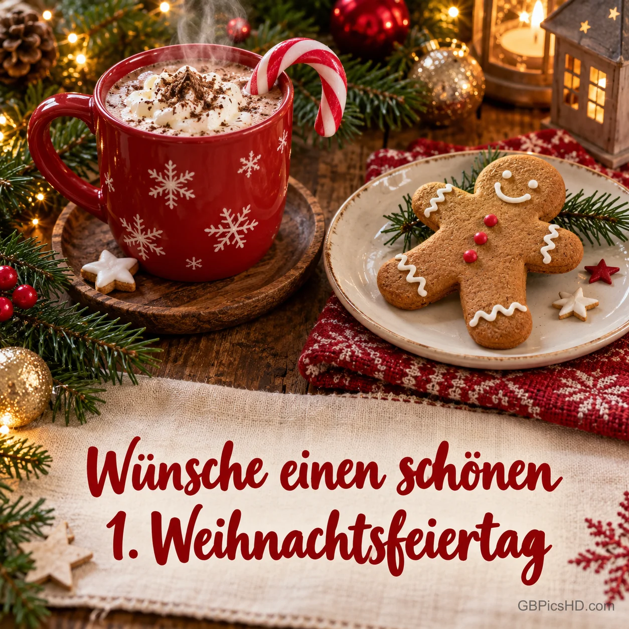Rote Tasse heiße Schokolade mit Sahne und Zuckerstange, daneben ein Lebkuchenmann auf einem Teller und Tannenzweige, Schriftzug "Wünsche einen schönen 1. Weihnachtsfeiertag" Rote Tasse heiße Schokolade mit Sahne und Zuckerstange, daneben ein Lebkuchenmann auf einem Teller und Tannenzweige, Schriftzug "Wünsche einen schönen 1. Weihnachtsfeiertag"