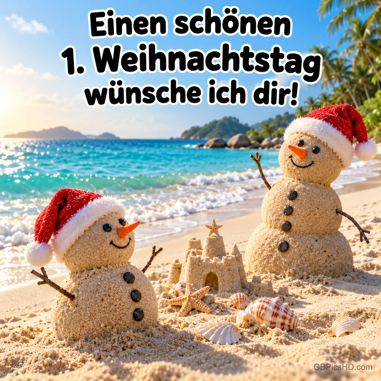 Zwei fröhliche Sand-Schneemänner mit roten Weihnachtsmützen neben einer Sandburg am sonnigen Strand mit Muscheln, darüber der Gruß "Einen schönen 1. Weihnachtstag wünsche ich dir!" Zwei fröhliche Sand-Schneemänner mit roten Weihnachtsmützen neben einer Sandburg am sonnigen Strand mit Muscheln, darüber der Gruß "Einen schönen 1. Weihnachtstag wünsche ich dir!"
