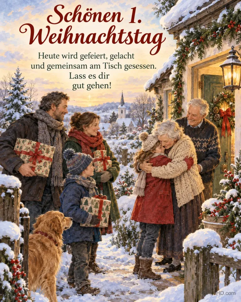 Eine Familie mit Geschenken kommt bei den Großeltern an, die Großmutter umarmt ihr Enkelkind an der Haustür, dazu "Schönen 1. Weihnachtstag".