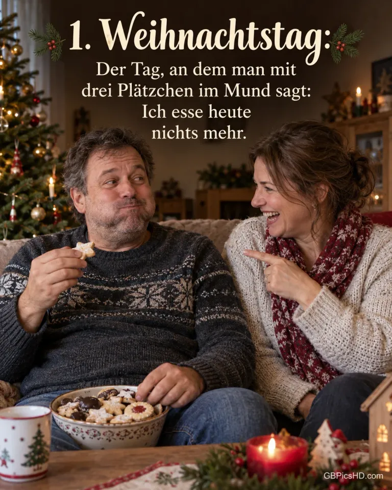 Ein Mann auf dem Sofa mit vollen Backen greift nach noch einem Plätzchen, seine Frau lacht und zeigt auf ihn, dazu „1. Weihnachtstag“.