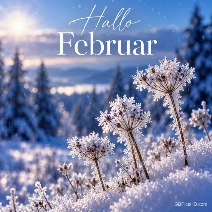Verschneite Winterlandschaft mit raureifbedeckten Doldenblüten, Tannen und Morgensonne über einem Tal, darüber der elegante Schriftzug "Hallo Februar"