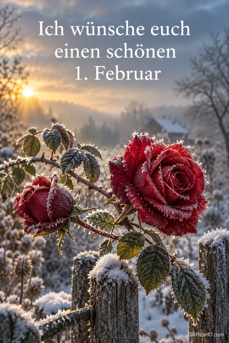 Rote Rosen mit Raureif an einem Gartenzaun, im Hintergrund eine verschneite Landschaft im Sonnenaufgang, oben der Gruß "Ich wünsche euch einen schönen 1. Februar"