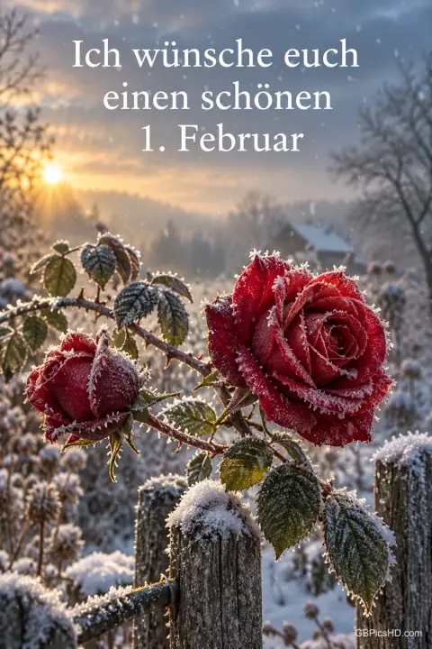 Rote Rosen mit Raureif an einem Gartenzaun, im Hintergrund eine verschneite Landschaft im Sonnenaufgang, oben der Gruß "Ich wünsche euch einen schönen 1. Februar" Rote Rosen mit Raureif an einem Gartenzaun, im Hintergrund eine verschneite Landschaft im Sonnenaufgang, oben der Gruß "Ich wünsche euch einen schönen 1. Februar"