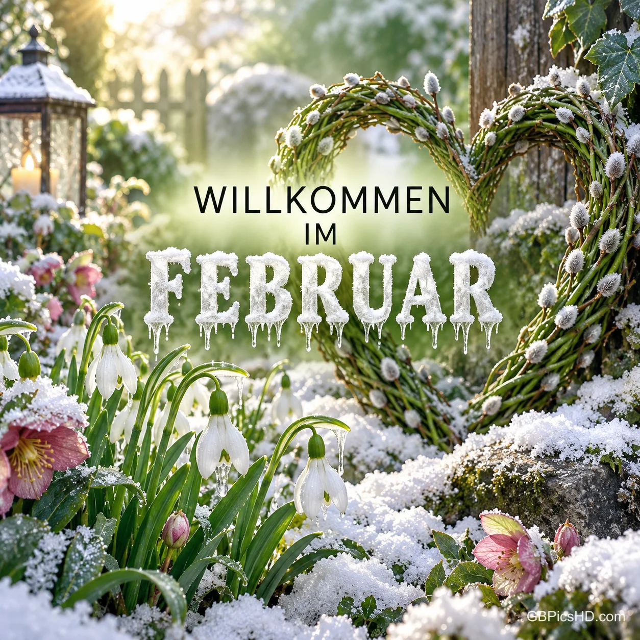 Verschneiter Wintergarten mit Schneeglöckchen, Christrosen, Laterne und einem Herzkranz aus Weidenkätzchen, in der Mitte "Willkommen im Februar" in Eiszapfen-Schrift Verschneiter Wintergarten mit Schneeglöckchen, Christrosen, Laterne und einem Herzkranz aus Weidenkätzchen, in der Mitte "Willkommen im Februar" in Eiszapfen-Schrift