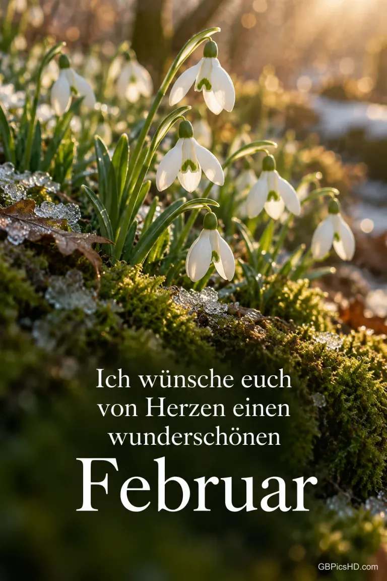 Schneeglöckchen auf einem moosbewachsenen Hang im warmen Gegenlicht, darunter der Gruß "Ich wünsche euch von Herzen einen wunderschönen Februar"
