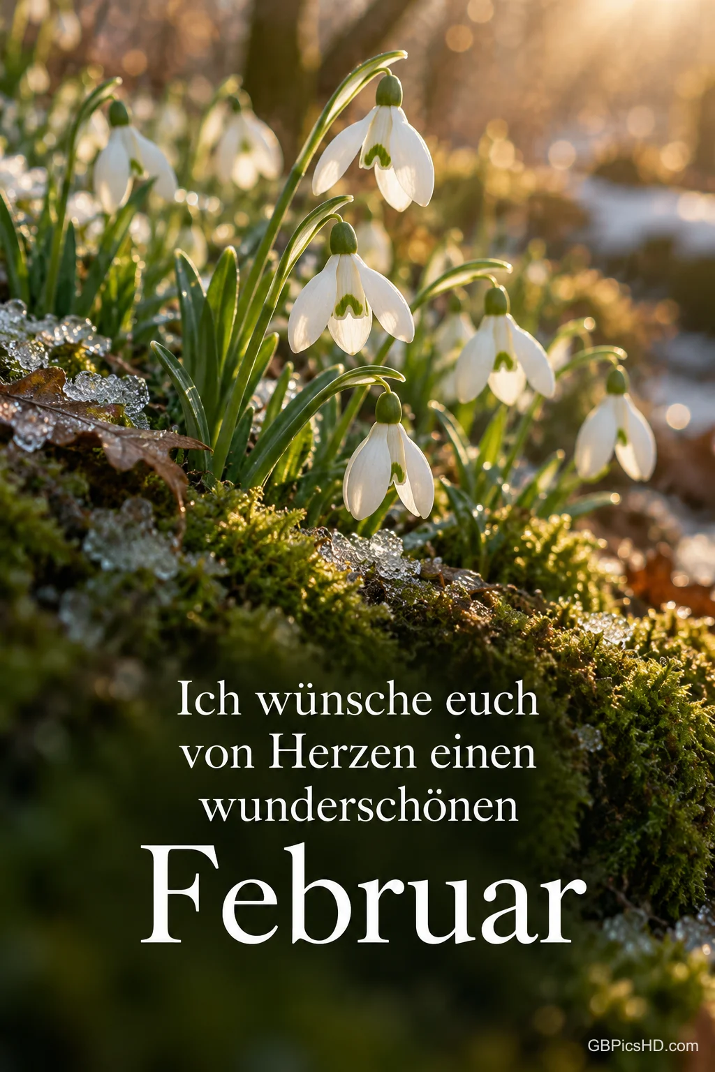 Schneeglöckchen auf einem moosbewachsenen Hang im warmen Gegenlicht, darunter der Gruß "Ich wünsche euch von Herzen einen wunderschönen Februar" Schneeglöckchen auf einem moosbewachsenen Hang im warmen Gegenlicht, darunter der Gruß "Ich wünsche euch von Herzen einen wunderschönen Februar"