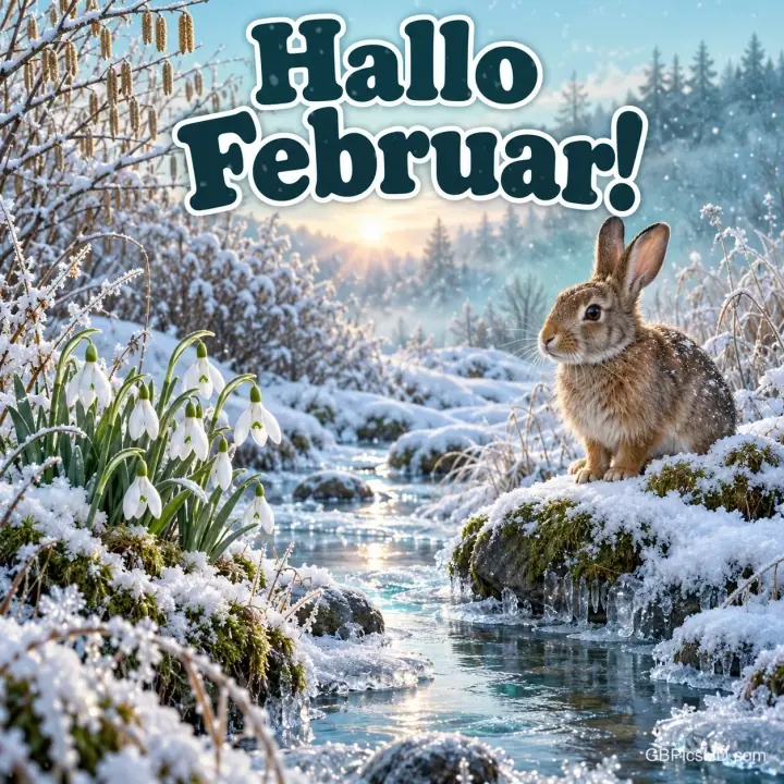 Ein Hase sitzt auf einem verschneiten Ufer an einem glitzernden Bach mit Schneeglöckchen in einer winterlichen Waldlandschaft, darüber "Hallo Februar!" Ein Hase sitzt auf einem verschneiten Ufer an einem glitzernden Bach mit Schneeglöckchen in einer winterlichen Waldlandschaft, darüber "Hallo Februar!"