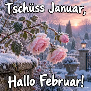 Rosa Rosen mit Raureif ranken über eine verschneite Gartenmauer mit Laterne im Abendlicht, dazu der Gruß "Tschüss Januar, Hallo Februar!"