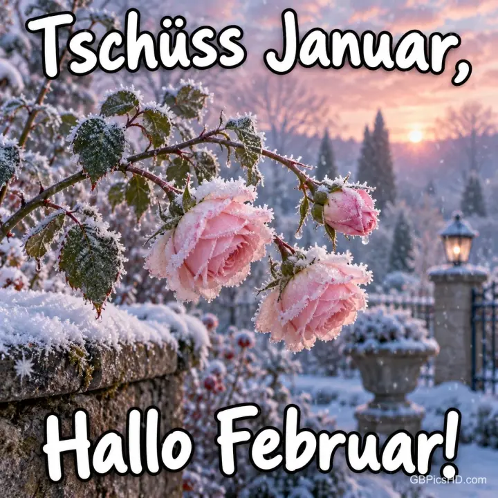 Rosa Rosen mit Raureif ranken über eine verschneite Gartenmauer mit Laterne im Abendlicht, dazu der Gruß "Tschüss Januar, Hallo Februar!" Rosa Rosen mit Raureif ranken über eine verschneite Gartenmauer mit Laterne im Abendlicht, dazu der Gruß "Tschüss Januar, Hallo Februar!"
