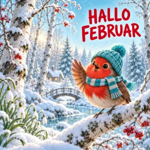 Rotkehlchen mit gestrickter Mütze und Schal auf einem verschneiten Birkenast mit Vogelbeeren, im Hintergrund Bach, Brücke und Häuschen, dazu "Hallo Februar"