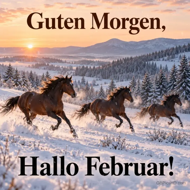 Drei braune Pferde galoppieren bei Sonnenaufgang durch eine verschneite Hügellandschaft mit Tannen, oben "Guten Morgen," und unten "Hallo Februar!" Drei braune Pferde galoppieren bei Sonnenaufgang durch eine verschneite Hügellandschaft mit Tannen, oben "Guten Morgen," und unten "Hallo Februar!"