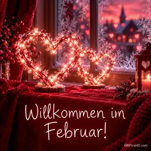 Zwei leuchtende Herzen aus Lichterketten auf einer Fensterbank mit rotem Samt, Eisblumen am Fenster und dem Schriftzug "Willkommen im Februar!"