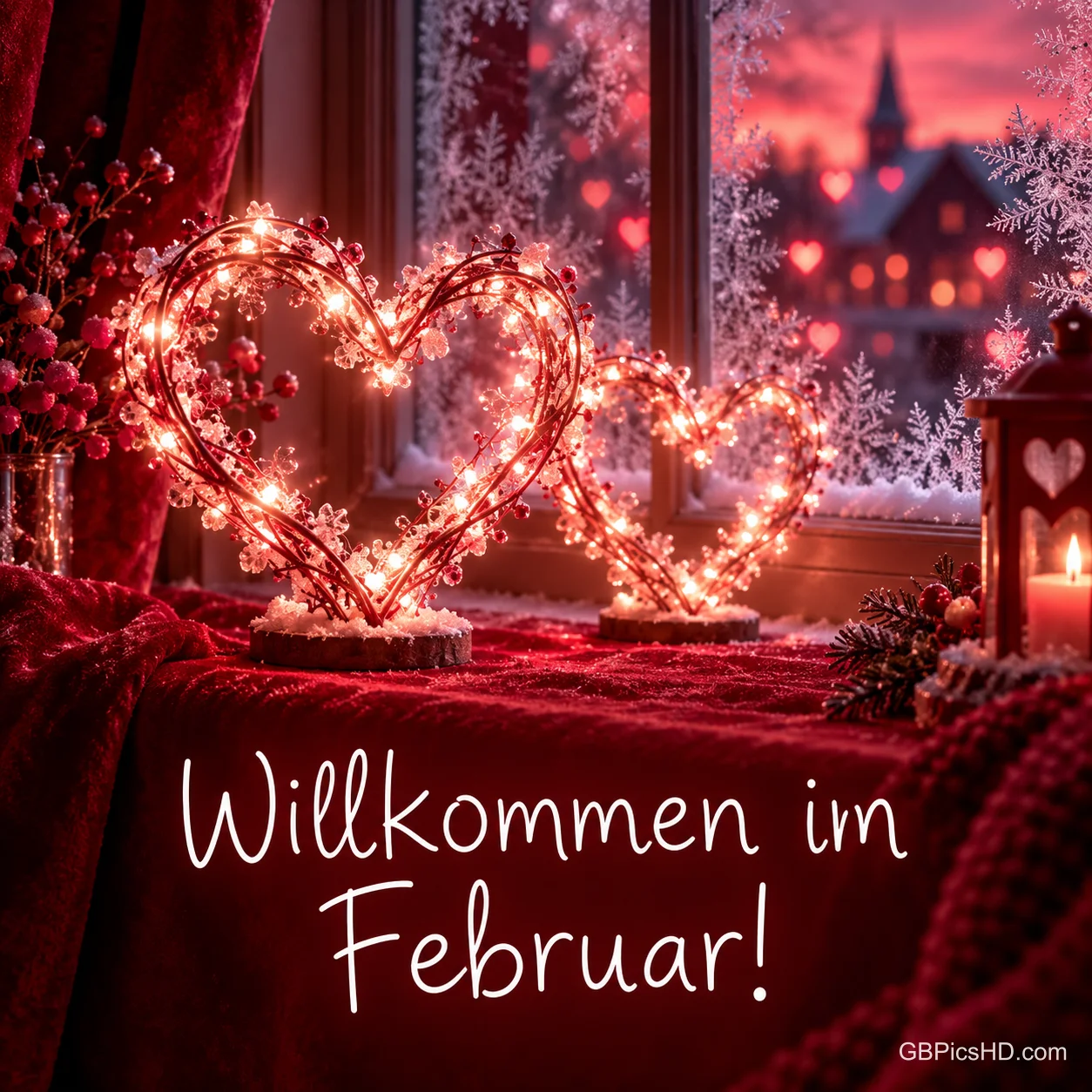 Zwei leuchtende Herzen aus Lichterketten auf einer Fensterbank mit rotem Samt, Eisblumen am Fenster und dem Schriftzug "Willkommen im Februar!" Zwei leuchtende Herzen aus Lichterketten auf einer Fensterbank mit rotem Samt, Eisblumen am Fenster und dem Schriftzug "Willkommen im Februar!"