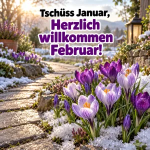 Lila Krokusse blühen im Schnee neben einem Steinweg mit Laterne, dazu der Text "Tschüss Januar, Herzlich willkommen Februar!" in Violett und Schwarz