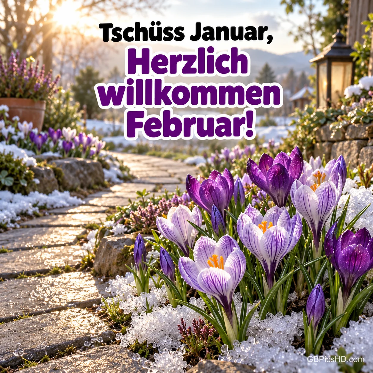 Lila Krokusse blühen im Schnee neben einem Steinweg mit Laterne, dazu der Text "Tschüss Januar, Herzlich willkommen Februar!" in Violett und Schwarz Lila Krokusse blühen im Schnee neben einem Steinweg mit Laterne, dazu der Text "Tschüss Januar, Herzlich willkommen Februar!" in Violett und Schwarz
