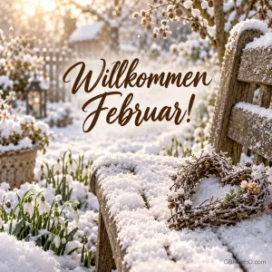 Verschneite Gartenbank mit einem Herzkranz aus Zweigen, Schneeglöckchen und Laterne im Winterlicht, dazu der Schriftzug "Willkommen Februar!"