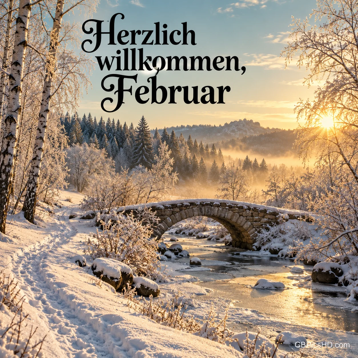 Verschneite Winterlandschaft mit Steinbrücke über einen Bach, Birken und goldener Morgensonne, dazu der Text "Herzlich willkommen, Februar" Verschneite Winterlandschaft mit Steinbrücke über einen Bach, Birken und goldener Morgensonne, dazu der Text "Herzlich willkommen, Februar"