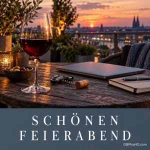 Ein Glas Rotwein, Laptop, Notizbuch und Korkenzieher auf einem Terrassentisch bei Sonnenuntergang über der Stadt mit dem Gruß "Schönen Feierabend".