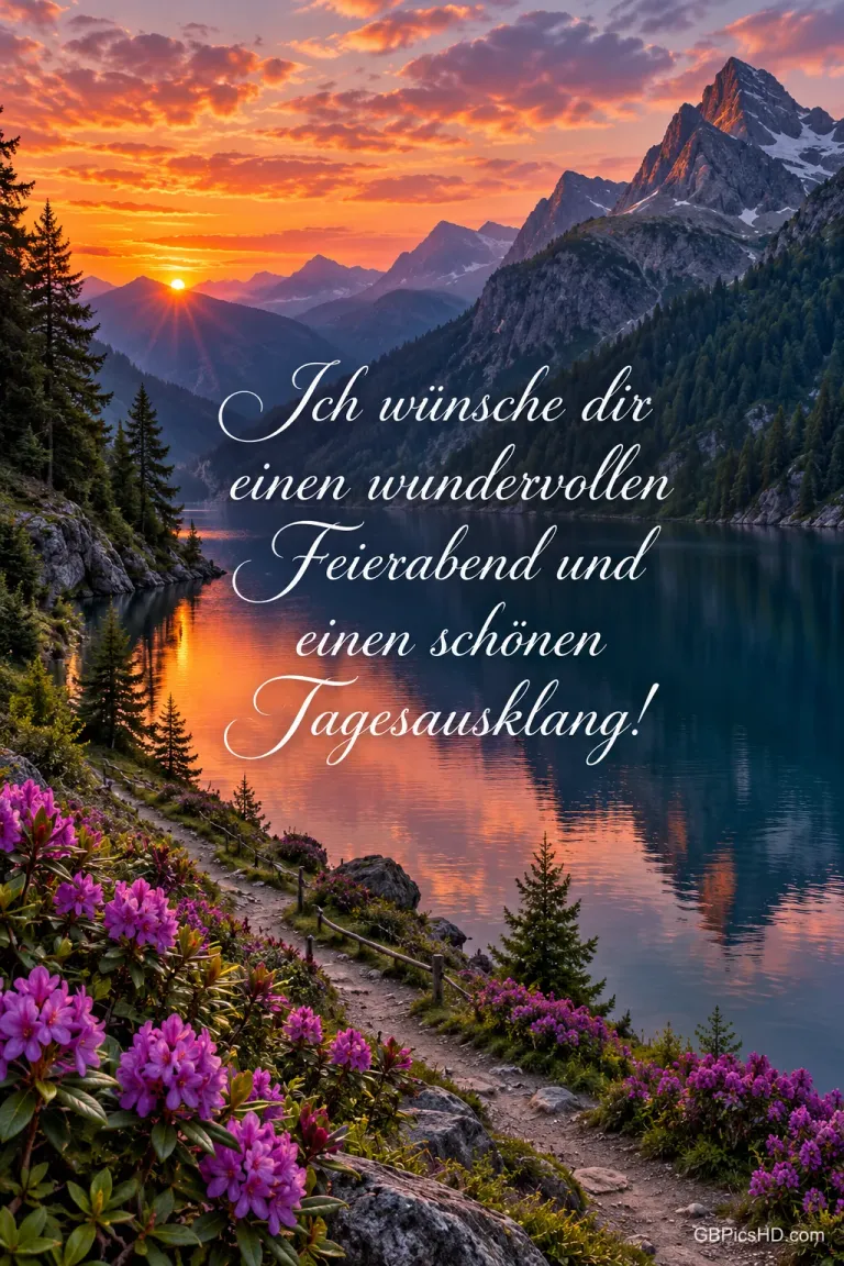 Bergsee im Abendrot mit lila blühenden Rhododendren am Uferweg und dem Text "Ich wünsche dir einen wundervollen Feierabend und einen schönen Tagesausklang!".