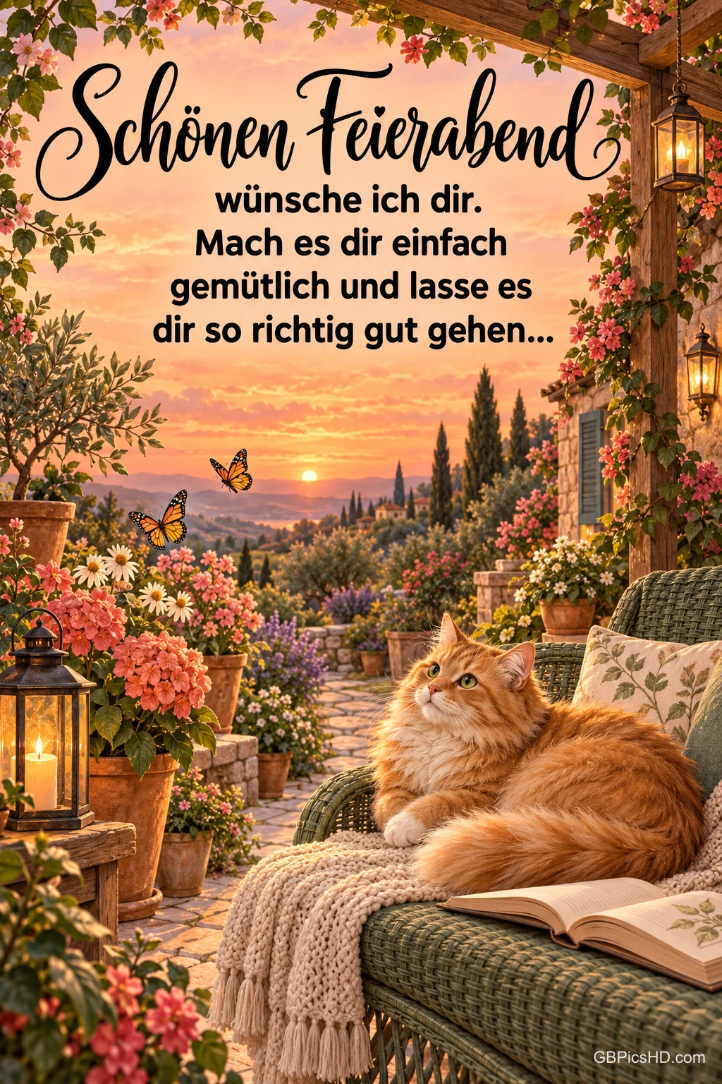 Eine Katze liegt neben einem offenen Buch auf einer blühenden Terrasse unter "Schönen Feierabend". Eine Katze liegt neben einem offenen Buch auf einer blühenden Terrasse unter "Schönen Feierabend".