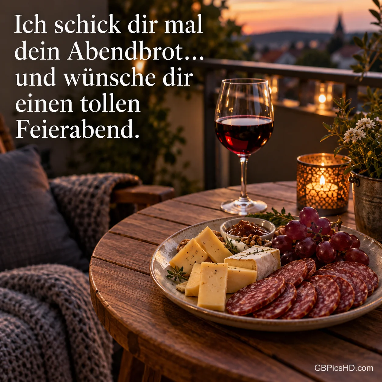 Rotwein, Käse, Salami und Trauben auf einem Balkontisch im Kerzenlicht mit dem Spruch "Ich schick dir mal dein Abendbrot… und wünsche dir einen tollen Feierabend." Rotwein, Käse, Salami und Trauben auf einem Balkontisch im Kerzenlicht mit dem Spruch "Ich schick dir mal dein Abendbrot… und wünsche dir einen tollen Feierabend."