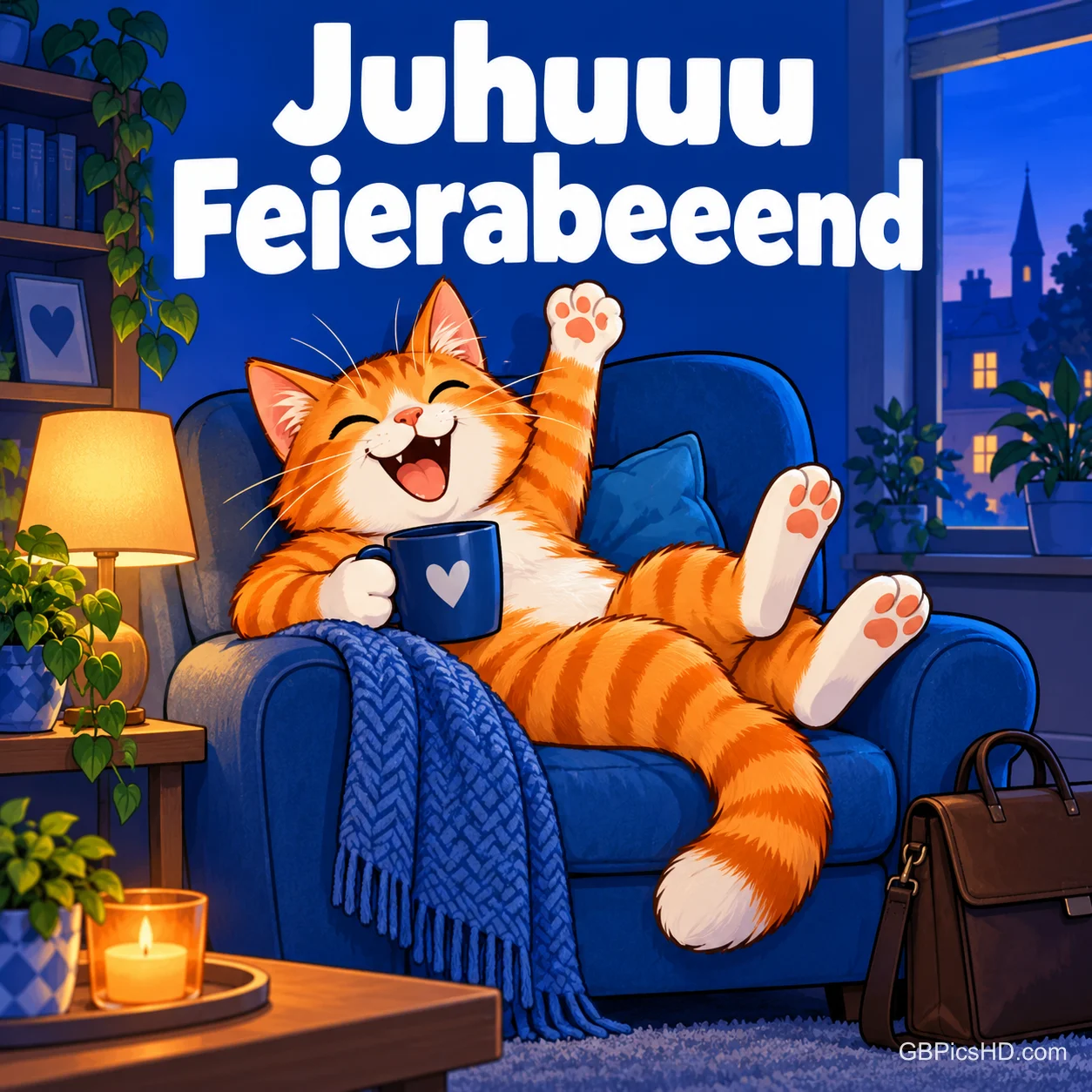 Eine fröhliche Comic-Katze lümmelt mit Tasse im blauen Sessel im abendlichen Wohnzimmer, darüber der Jubel "Juhuuu Feierabeeend". Eine fröhliche Comic-Katze lümmelt mit Tasse im blauen Sessel im abendlichen Wohnzimmer, darüber der Jubel "Juhuuu Feierabeeend".