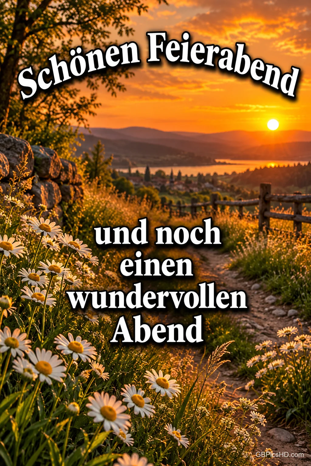 Eine Blumenwiese mit Gänseblümchen im goldenen Abendlicht über einem See mit dem Gruß "Schönen Feierabend und noch einen wundervollen Abend". Eine Blumenwiese mit Gänseblümchen im goldenen Abendlicht über einem See mit dem Gruß "Schönen Feierabend und noch einen wundervollen Abend".