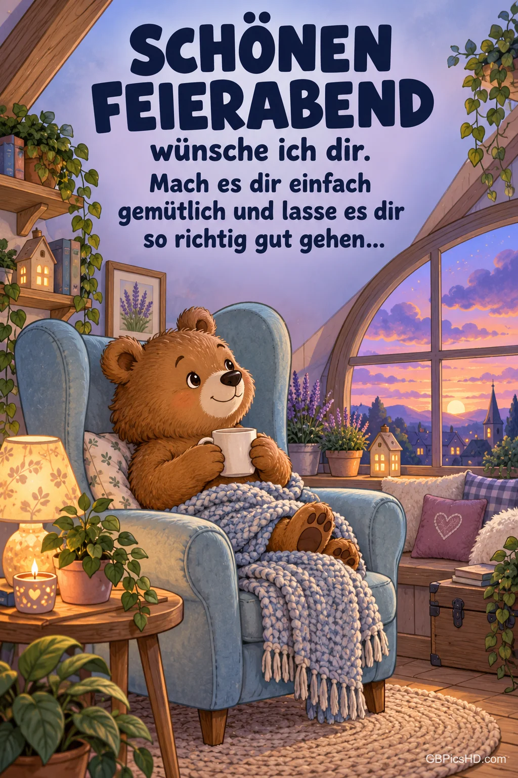 Ein Teddybär sitzt mit Tasse und Decke im Ohrensessel vor einem Fenster in der Abenddämmerung, darüber "Schönen Feierabend wünsche ich dir". Ein Teddybär sitzt mit Tasse und Decke im Ohrensessel vor einem Fenster in der Abenddämmerung, darüber "Schönen Feierabend wünsche ich dir".