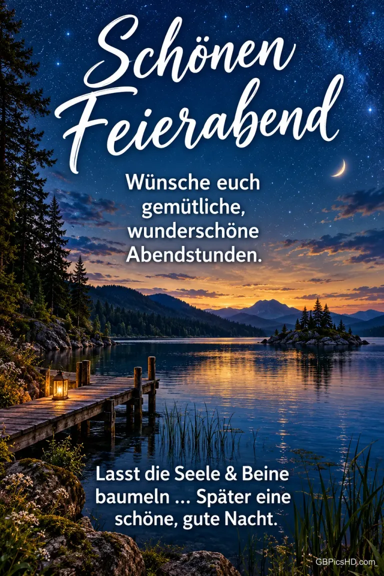 Sternenhimmel über einem ruhigen See mit Holzsteg und Laterne in der Dämmerung und dem Gruß "Schönen Feierabend – Wünsche euch gemütliche, wunderschöne Abendstunden".