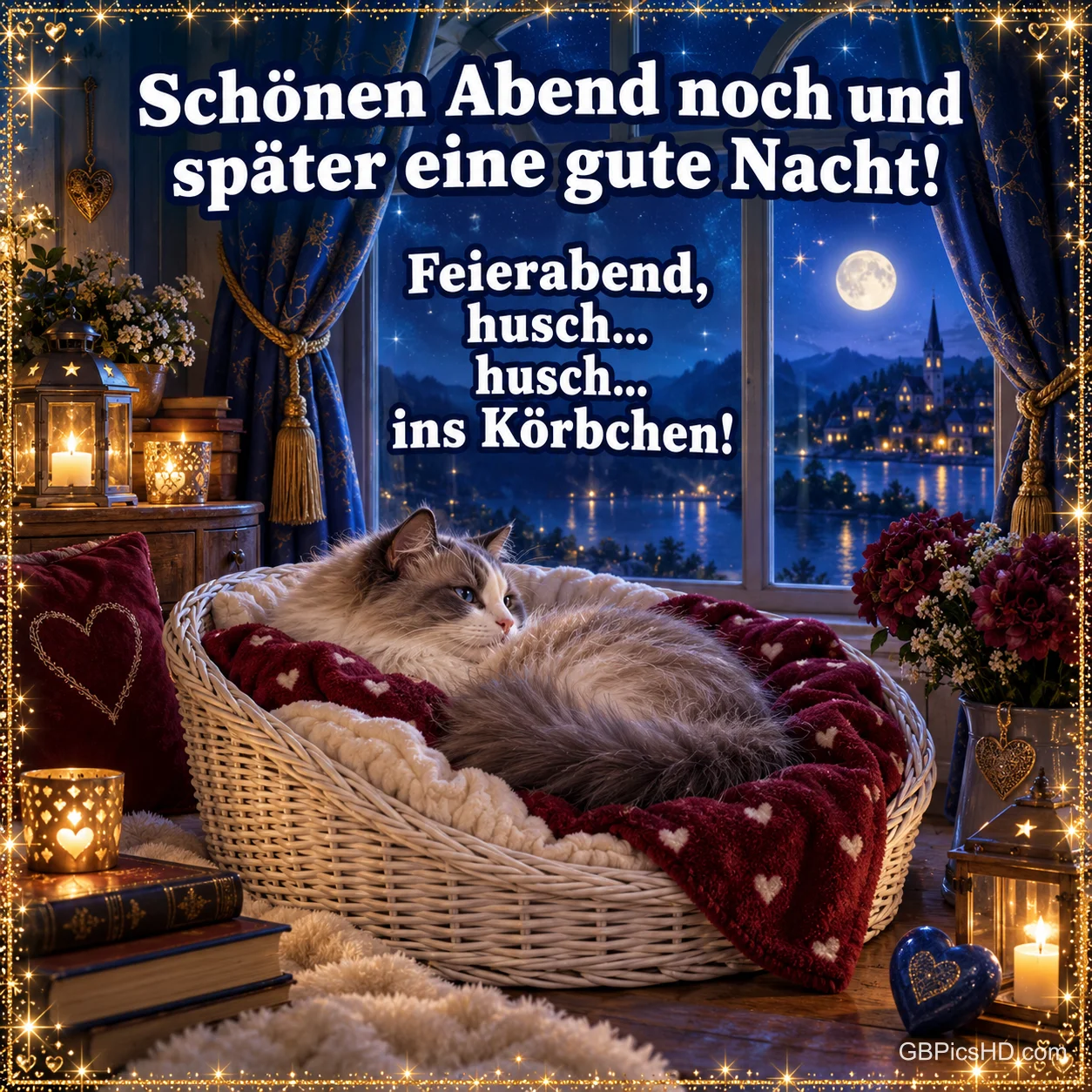 Eine Katze schläft in einem Korb mit Herzdecke vor einem Fenster mit Mondschein, dazu "Schönen Abend noch und später eine gute Nacht! Feierabend, husch… husch… ins Körbchen!". Eine Katze schläft in einem Korb mit Herzdecke vor einem Fenster mit Mondschein, dazu "Schönen Abend noch und später eine gute Nacht! Feierabend, husch… husch… ins Körbchen!".
